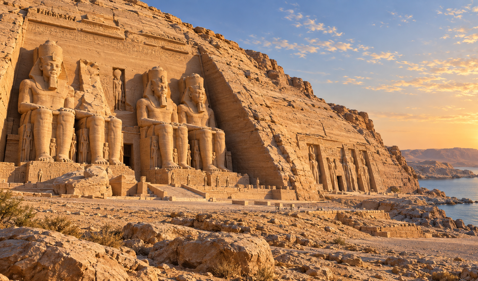 Illustration originale de la façade monumentale du temple d’Abou Simbel au bord du lac Nasser