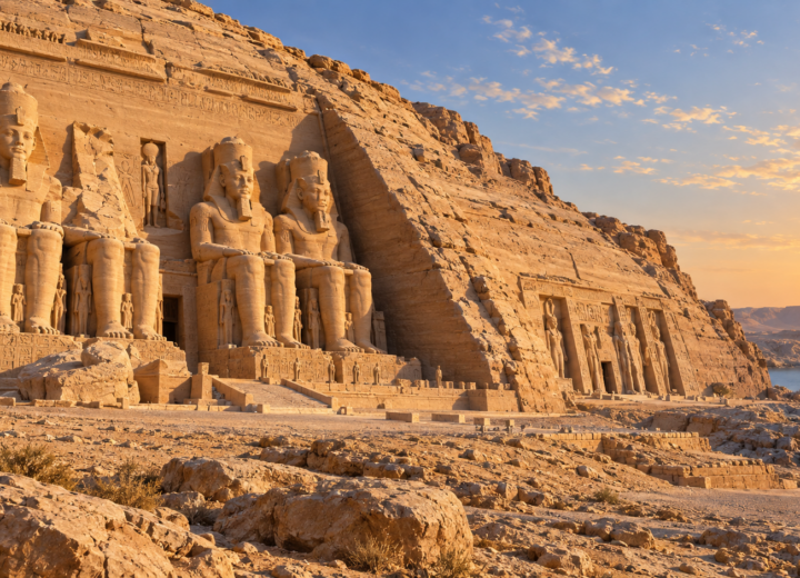 Illustration originale de la façade monumentale du temple d’Abou Simbel au bord du lac Nasser
