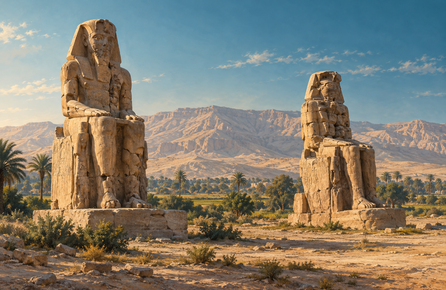Illustration originale des deux colosses de Memnon sur la rive ouest de Louxor
