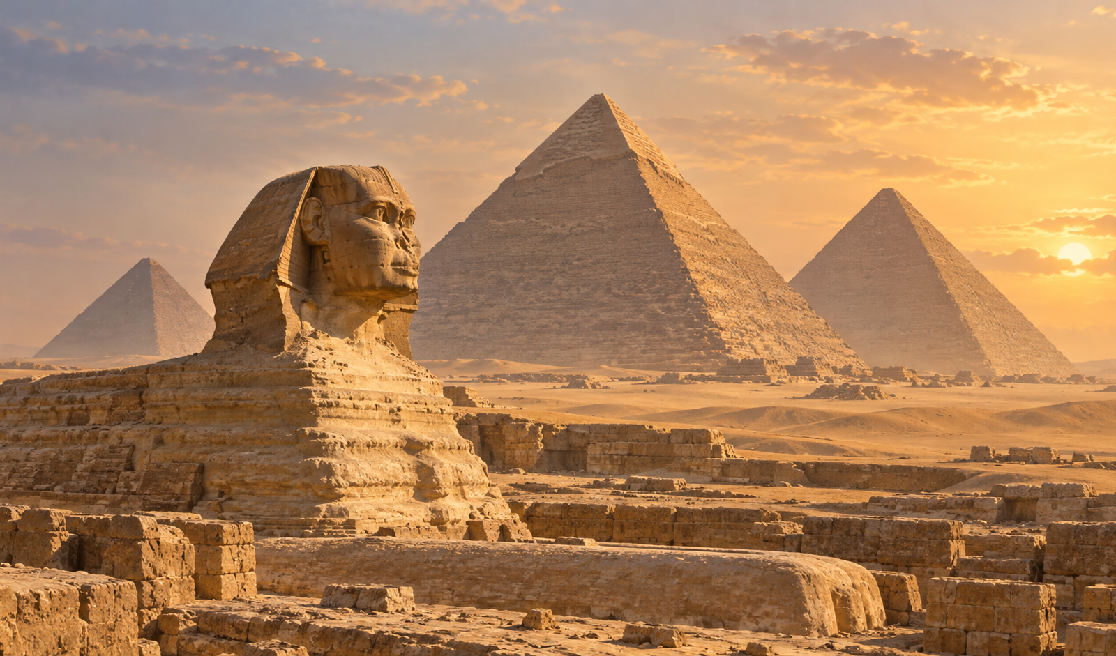 Illustration originale des pyramides de Gizeh et du Grand Sphinx dans un paysage désertique égyptien