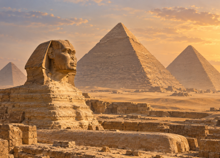 Illustration originale des pyramides de Gizeh et du Grand Sphinx dans un paysage désertique égyptien