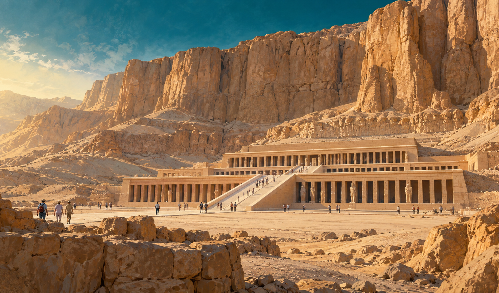 Illustration originale des terrasses du temple d’Hatchepsout sous la falaise de Deir el-Bahari
