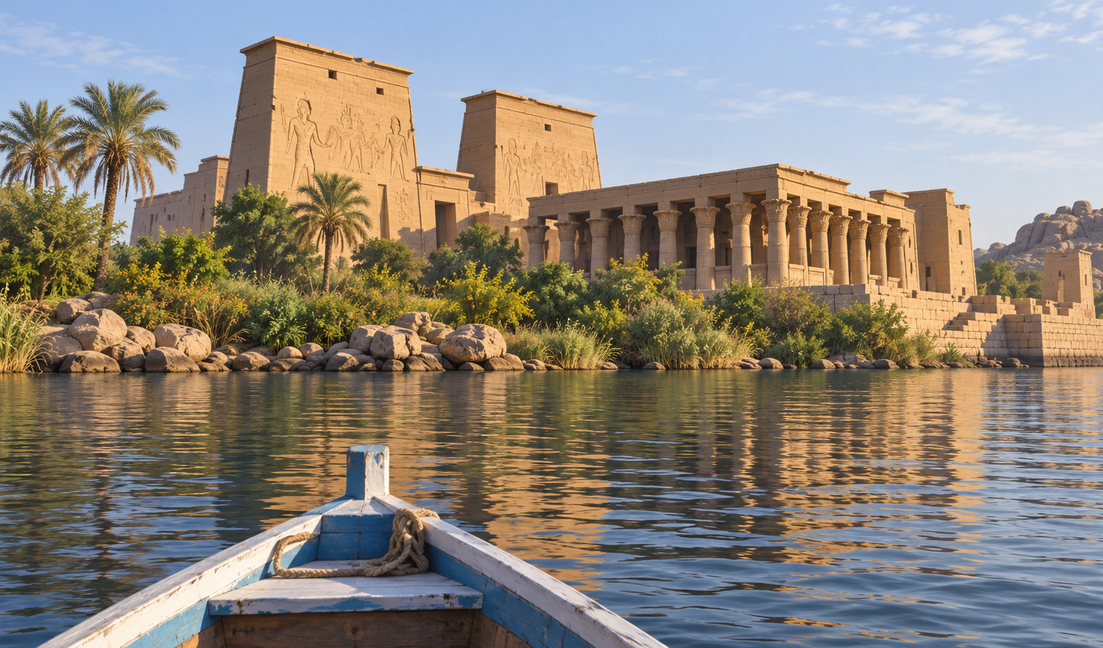 Illustration originale du temple de Philae sur son île près d’Assouan