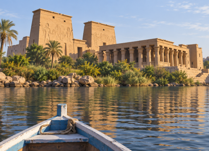 Illustration originale du temple de Philae sur son île près d’Assouan